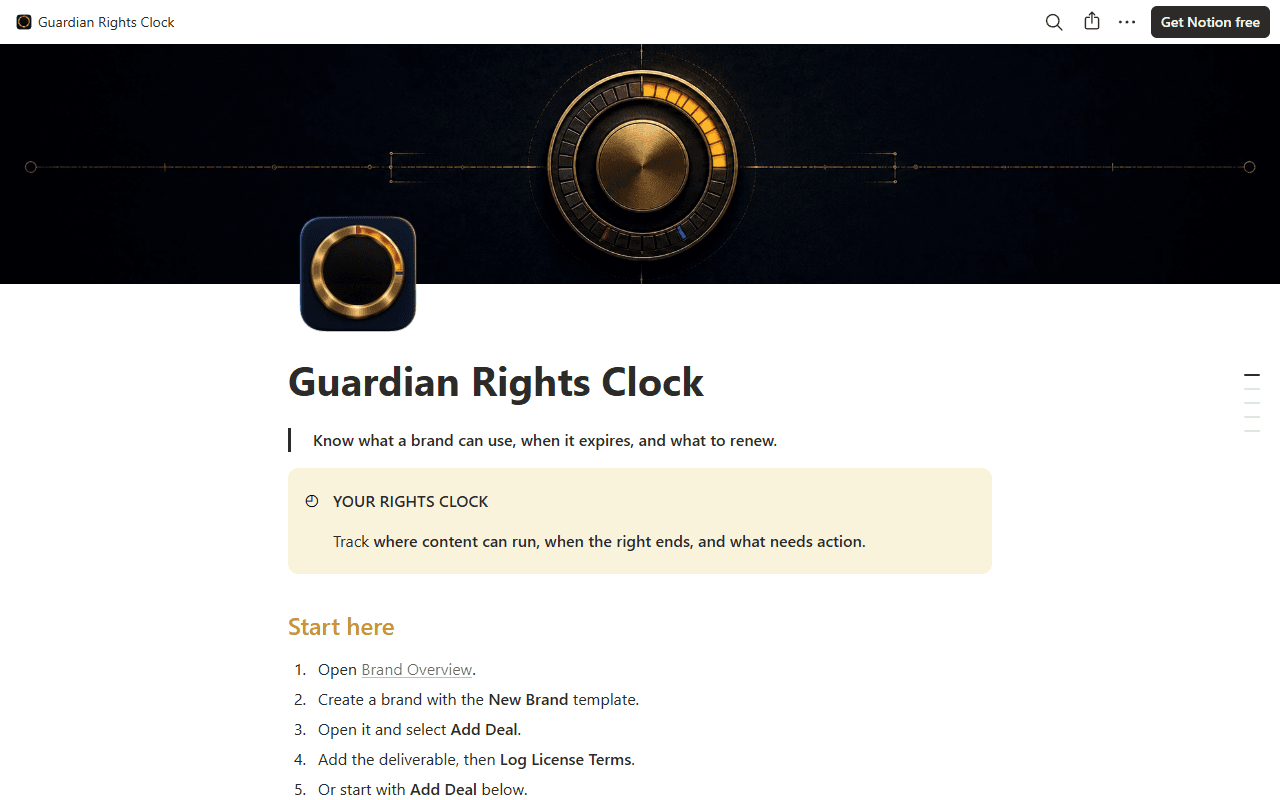 Actual Guardian Rights Clock Notion zero-data homepage in light mode, showing Start here instructions
