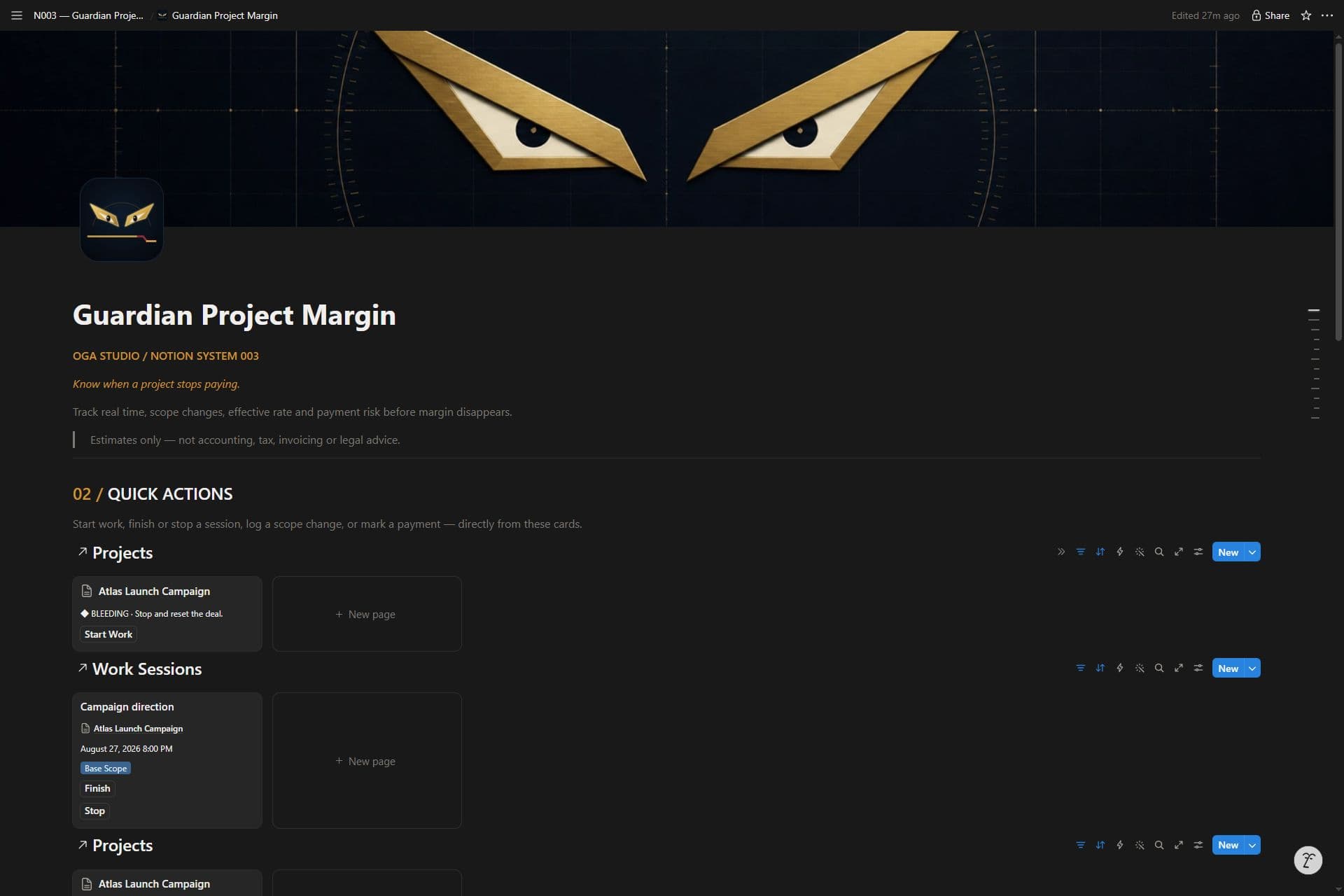 Real Guardian Project Margin Notion interface with updated gold hierarchy and sample project records