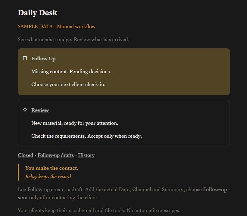 Actual Guardian Client Relay Daily Desk showing Follow Up and Review with sample data
