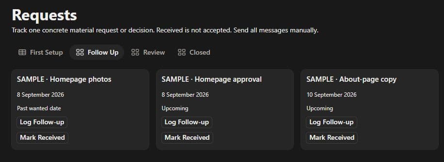 Sample Data — Waiting on the client. Keep the wanted delivery date separate from your next follow-up.