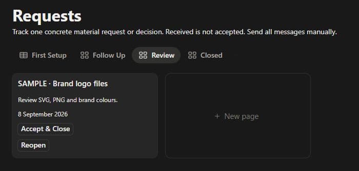 Sample Data — Ready for your review. Received is ready to check. Accept only after reviewing the requirements.