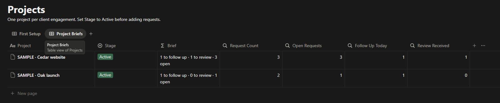 Sample Data — A brief for each project. Calculated counts show open requests, follow-up work and review items.