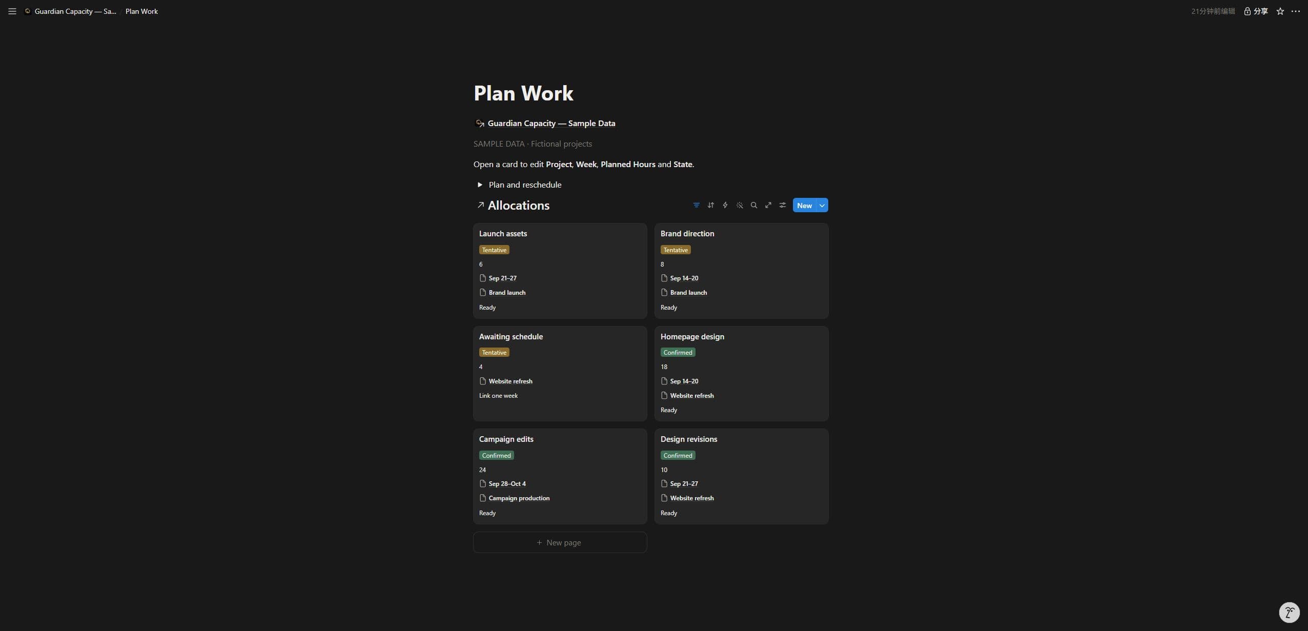 Real Notion Sample Data — Place work in a specific week. Link each allocation to one project and one week. You choose the planned hours and set its state manually.