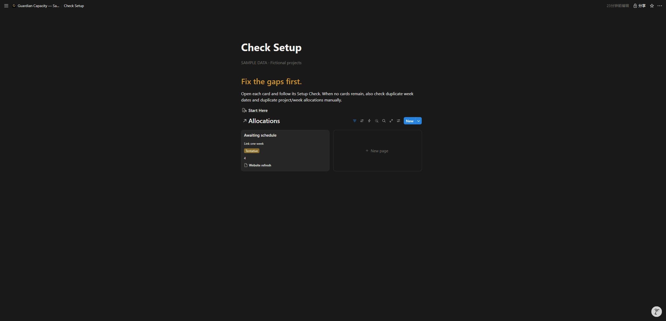 Real Notion Sample Data — Check the missing pieces. Review setup issues before trusting your outlook. Check duplicate weeks and duplicate allocations yourself.
